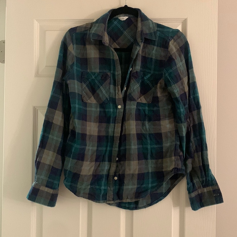 Green and blue plaid button up medium